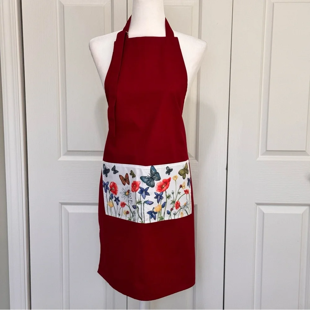 Cypress Home Red Floral Butterfly Cotton Kitchen Apron NWOT Pockets
